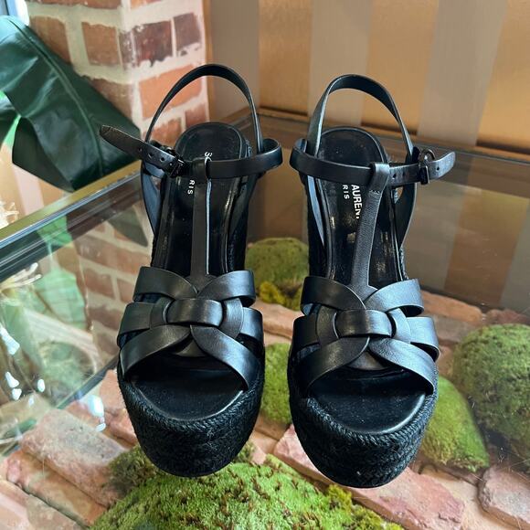 SAINT LAURENT Tribute Black Leather Espadrille Wedges SZ 39 - Picture 2 of 6